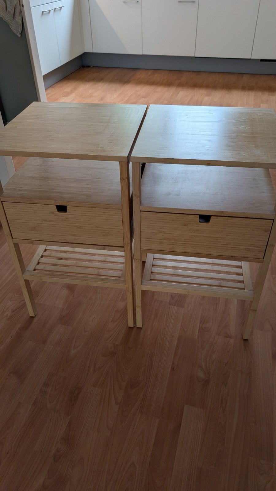 2x IKEA NORDKISA Nachtkastje Bamboe 40x40