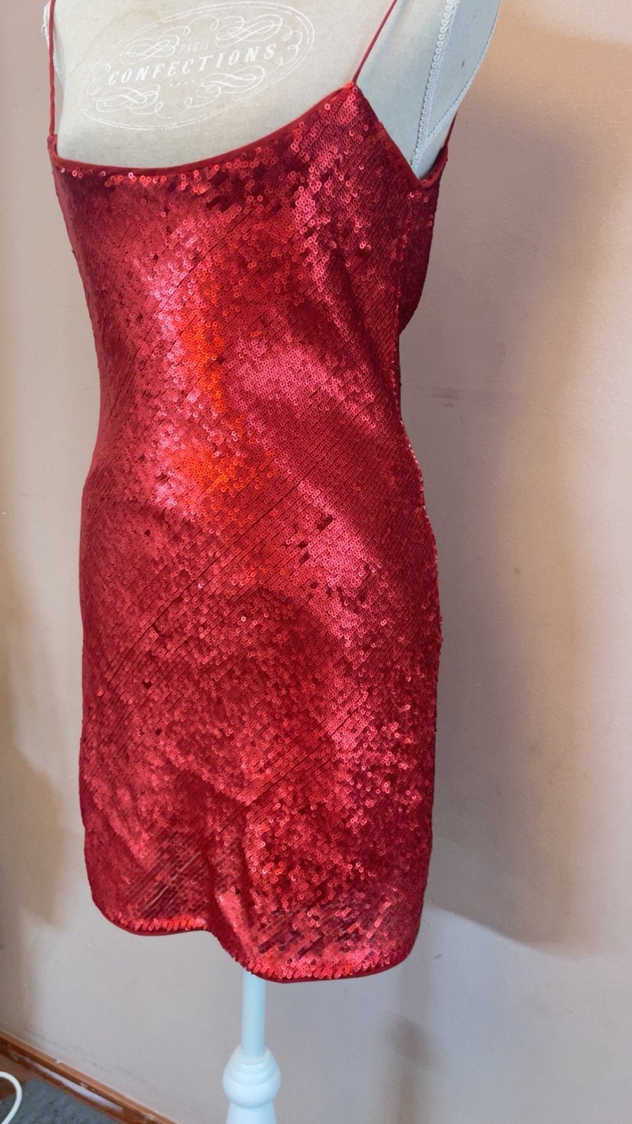 Rode pailletten jurk met spaghettibandjes, Kleding | Dames, Zo goed als nieuw, Boven de knie, Rood, Ophalen