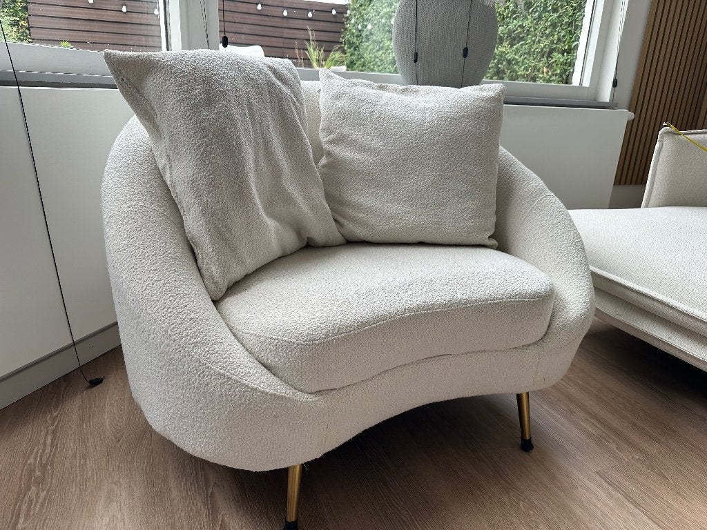 Fauteuil loveseat bankje bouclé teddy goud gouden pootjes, Ophalen, Zo goed als nieuw, Minder dan 75 cm, 100 tot 125 cm