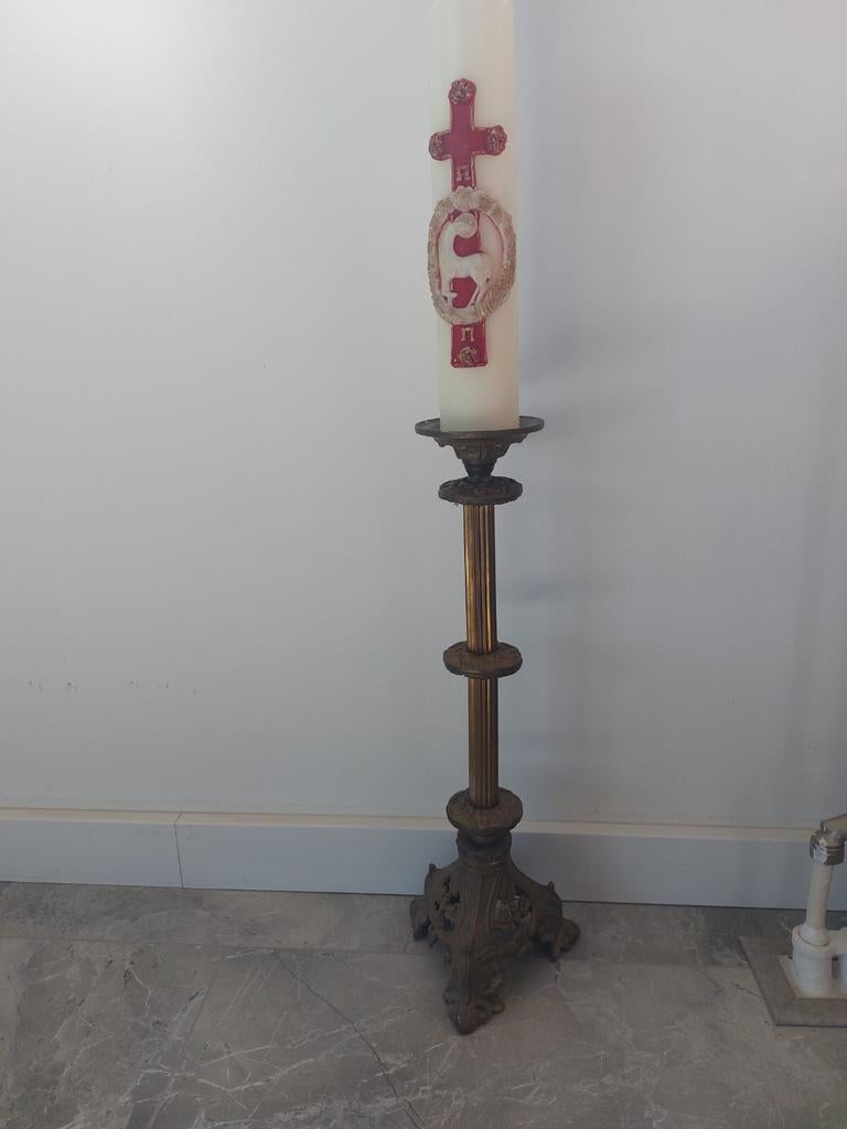 Antieke Kandelaar 50cm met Kaars 30cm - Koper/Brons, Antiek en Kunst, Antiek | Kandelaars, Ophalen of Verzenden, Koper of Brons