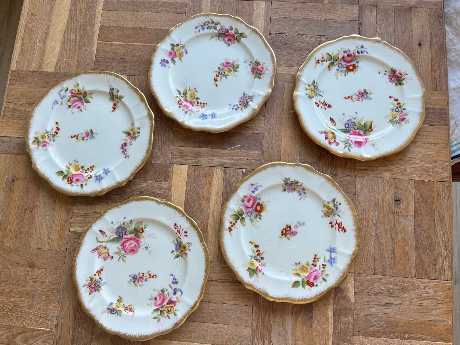 Set van 5 antieke Hammersley & Co. 'Dresden Sprays' bordjes, Antiek en Kunst, Antiek | Servies los, Ophalen of Verzenden