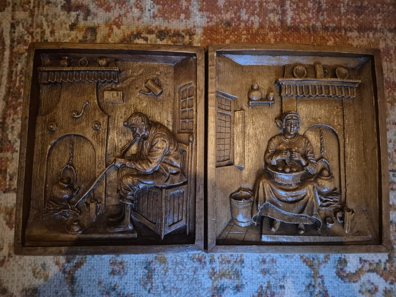 Set van 2 Vintage Houten Wandpanelen - Hollandse Scènes, Antiek en Kunst, Ophalen of Verzenden