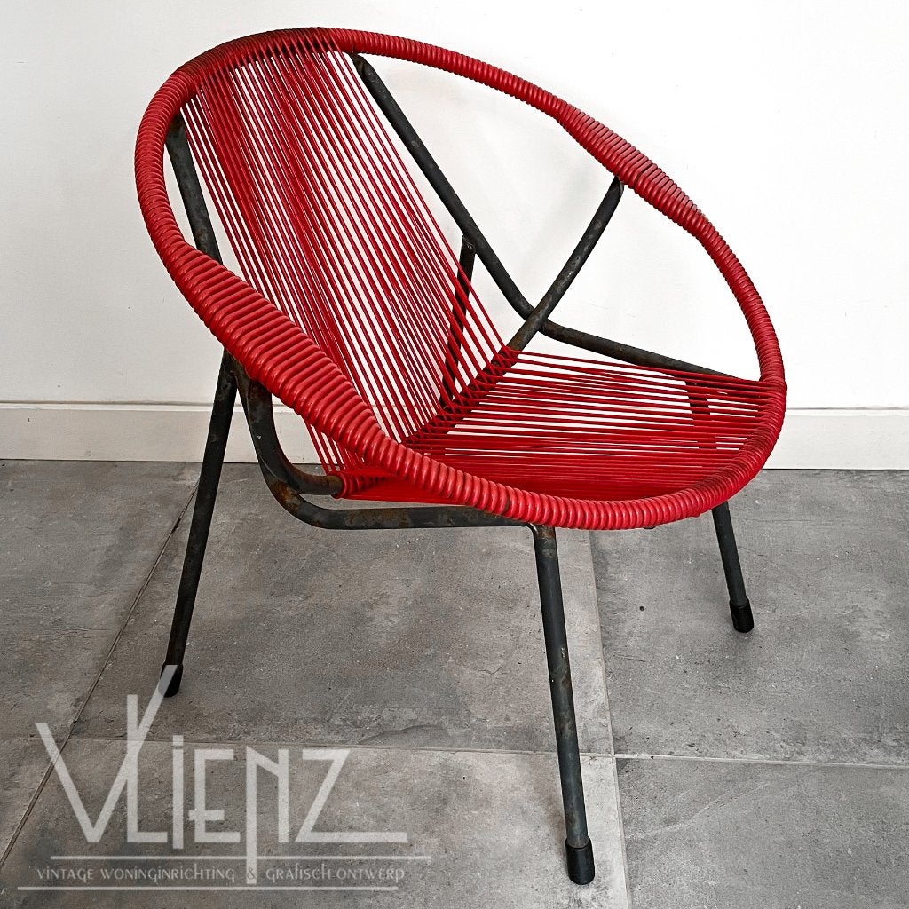 Vintage, Mid Century Spaghettistoel, rode draadstoel, Ophalen, Huis en Inrichting