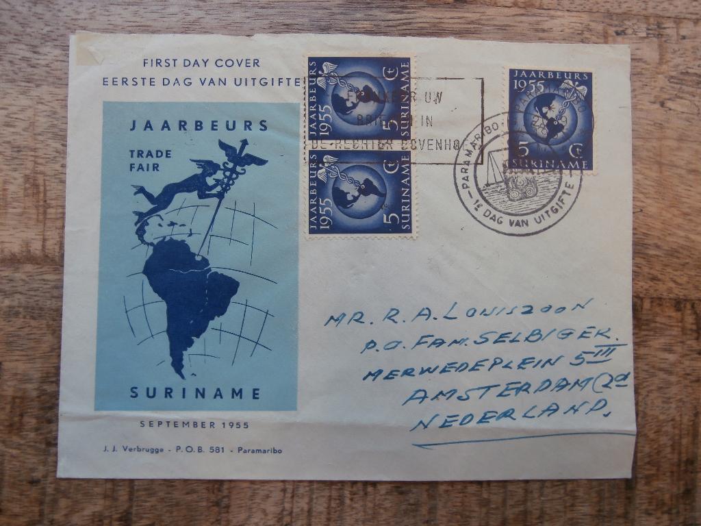 SURINAME 1955; FDC E7vb JAARBEURS PARAMARIBO LEES, Postzegels en Munten, Verzenden, Beschreven, Nederland