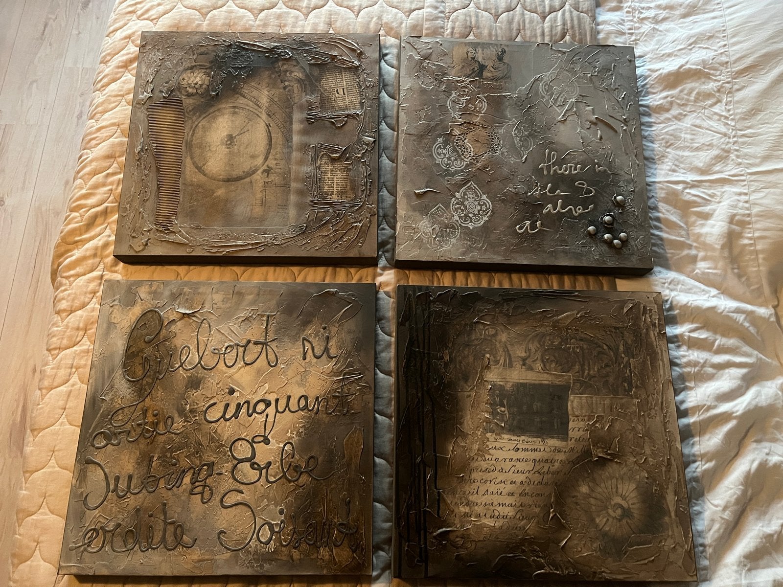 Set van 4 abstracte schilderijen met gemengde techniek, Antiek en Kunst, Ophalen, Handgeschilderd, Overige onderwerpen, Gemengde techniek