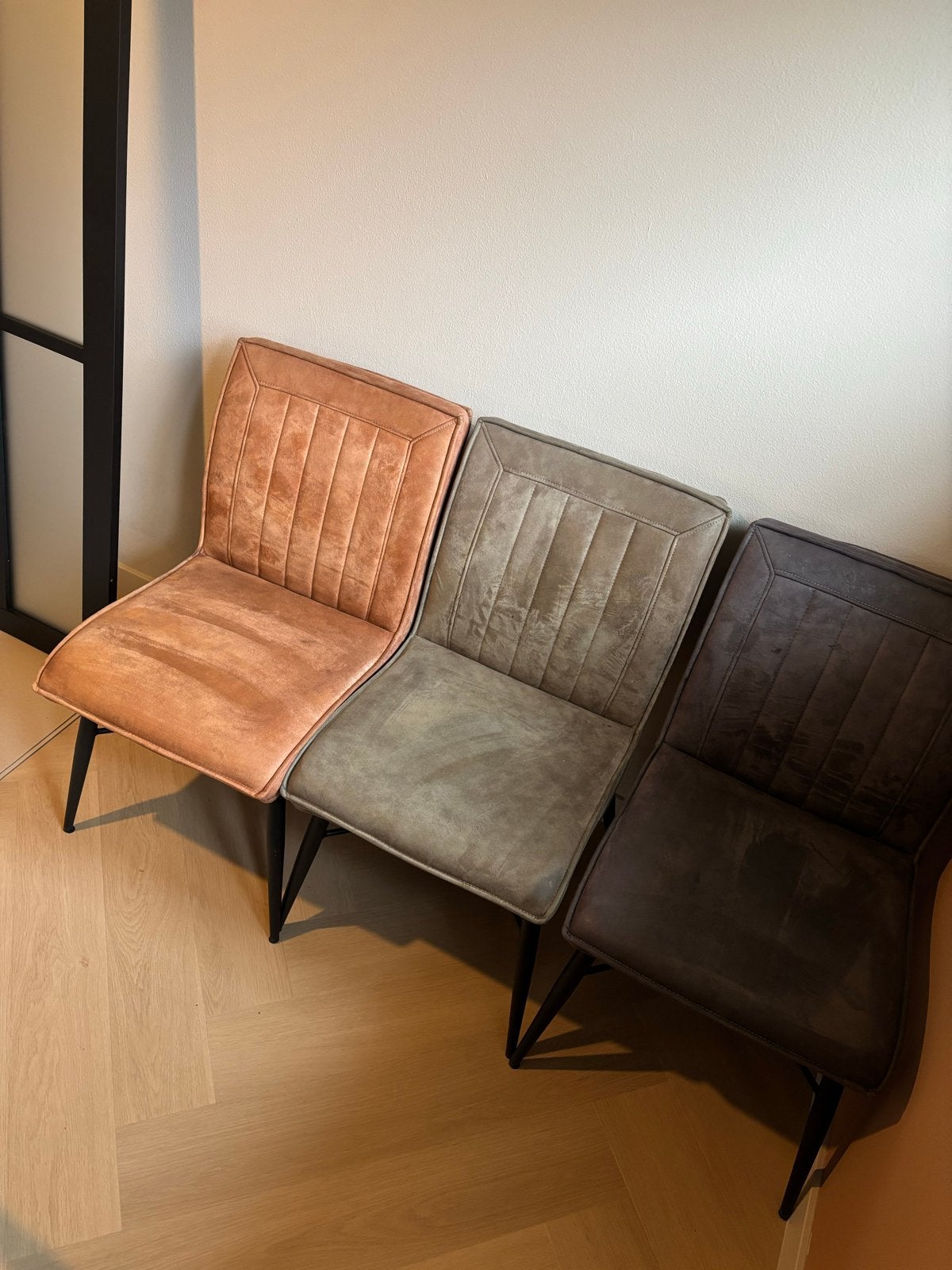 6 eetkamerstoelen: grijs, cognac, groen - Leen Bakker/Kwantu, Ophalen, Gebruikt, Overige kleuren, Stof