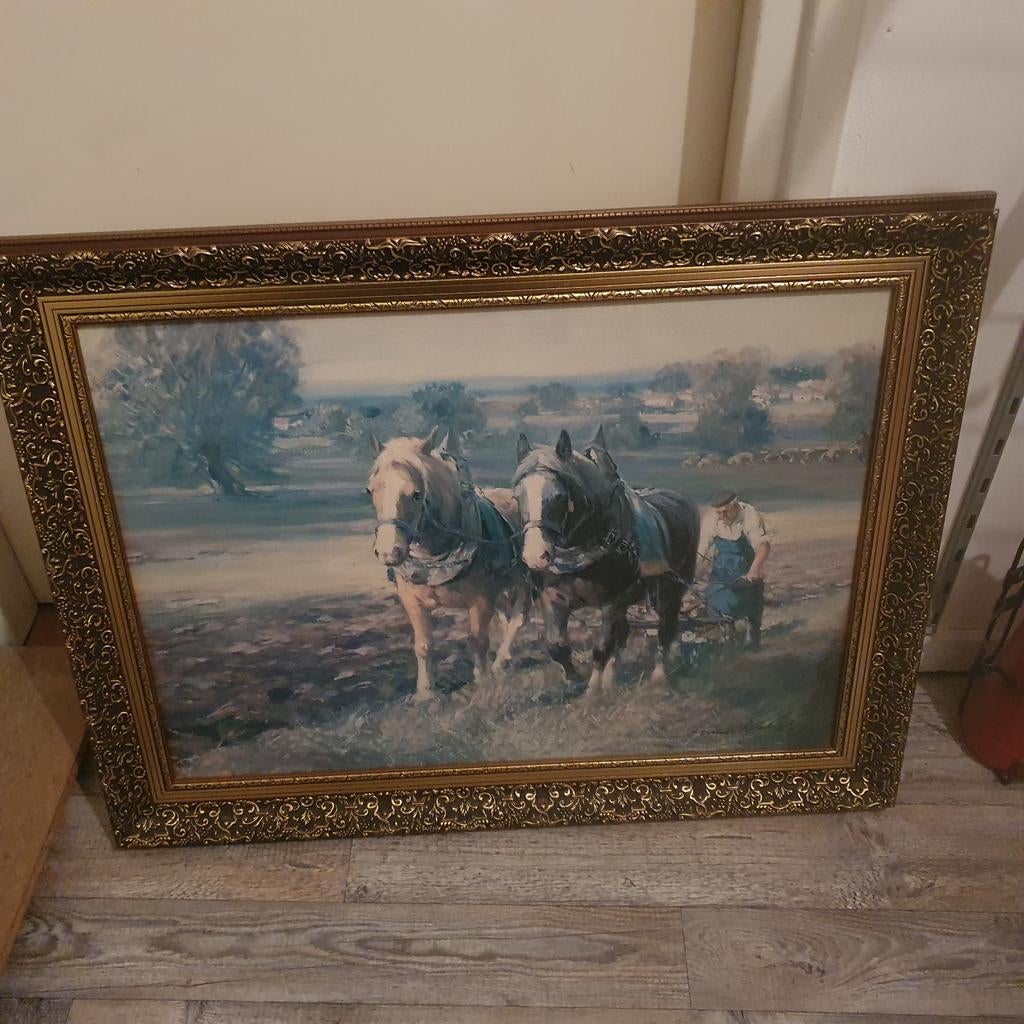 Schilderij met paarden en ploegende man, Antiek en Kunst, Kunst | Schilderijen | Klassiek, Ophalen