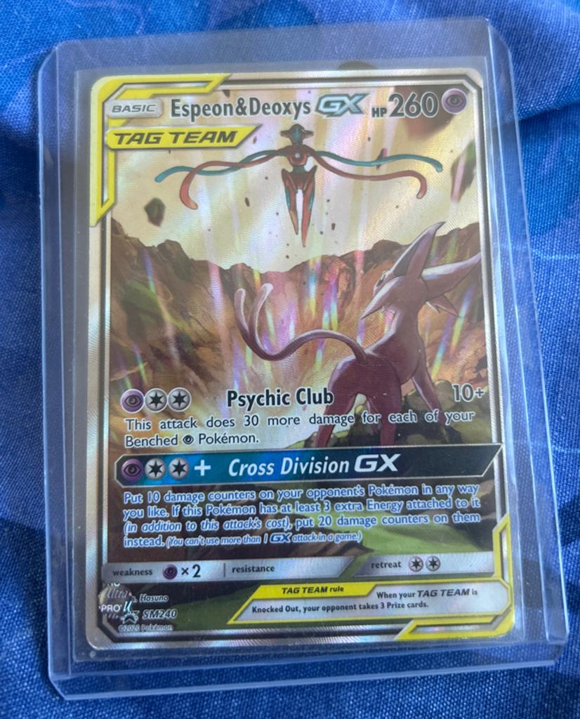 Espeon & Deoxys GX Tag Team Pokémon Kaart - Near Mint, Ophalen of Verzenden, Zo goed als nieuw, Losse kaart