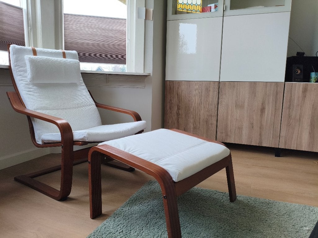 Ikea Poäng fauteuil met voetenbank, Ophalen, Hout, Gebruikt, Modern, Scandinavisch