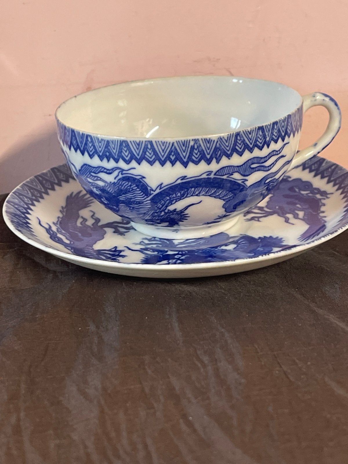 Vintage Japans Draken Thee Kop en Schotel - Blauw Wit, Ophalen of Verzenden