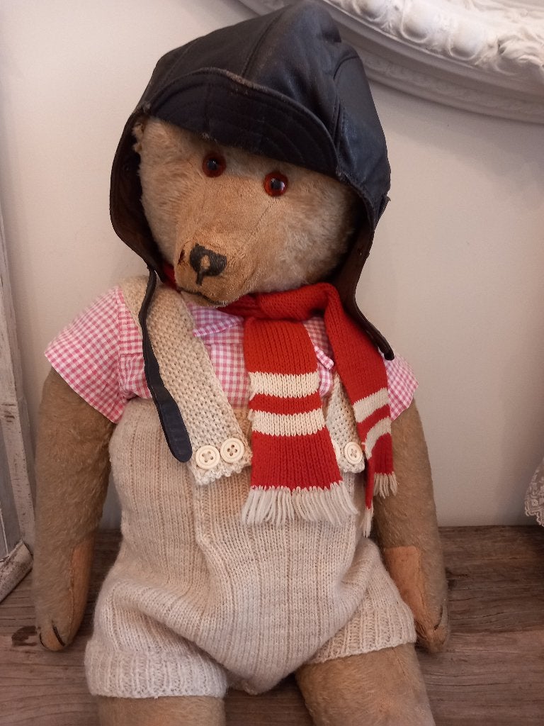 Vintage beren kleding met piloten solex muts jaren 50., Ophalen of Verzenden, Zo goed als nieuw, Stoffen beer, Overige merken