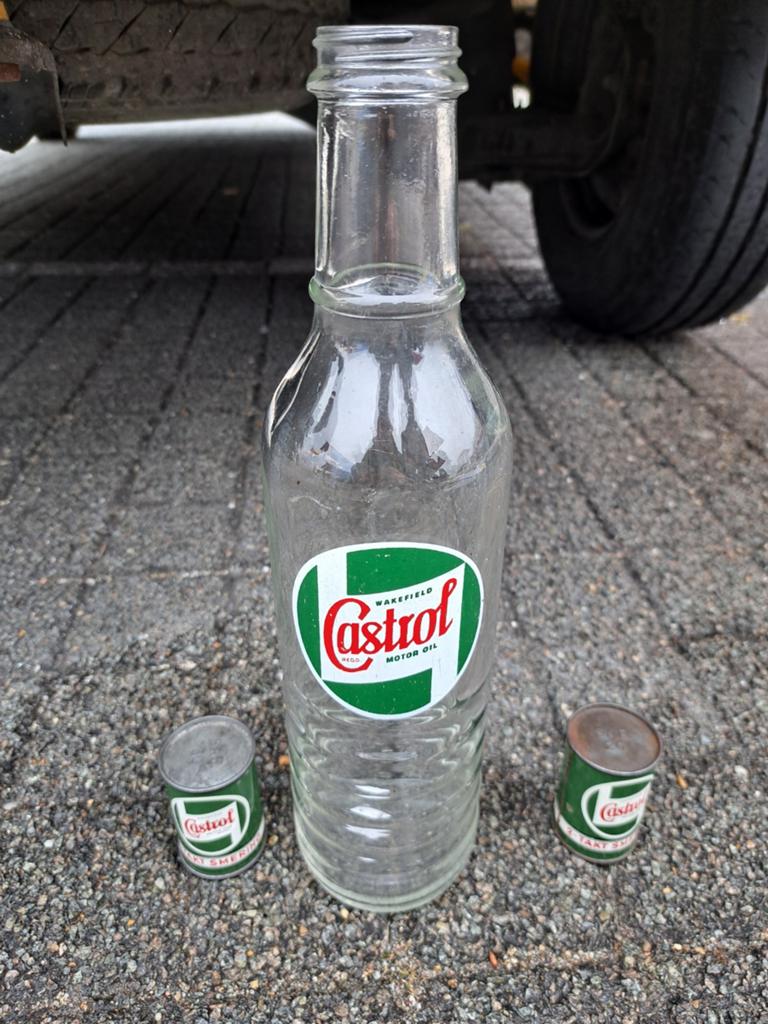Castrol set olieblik fles oldtimer reclamebord, Ophalen of Verzenden