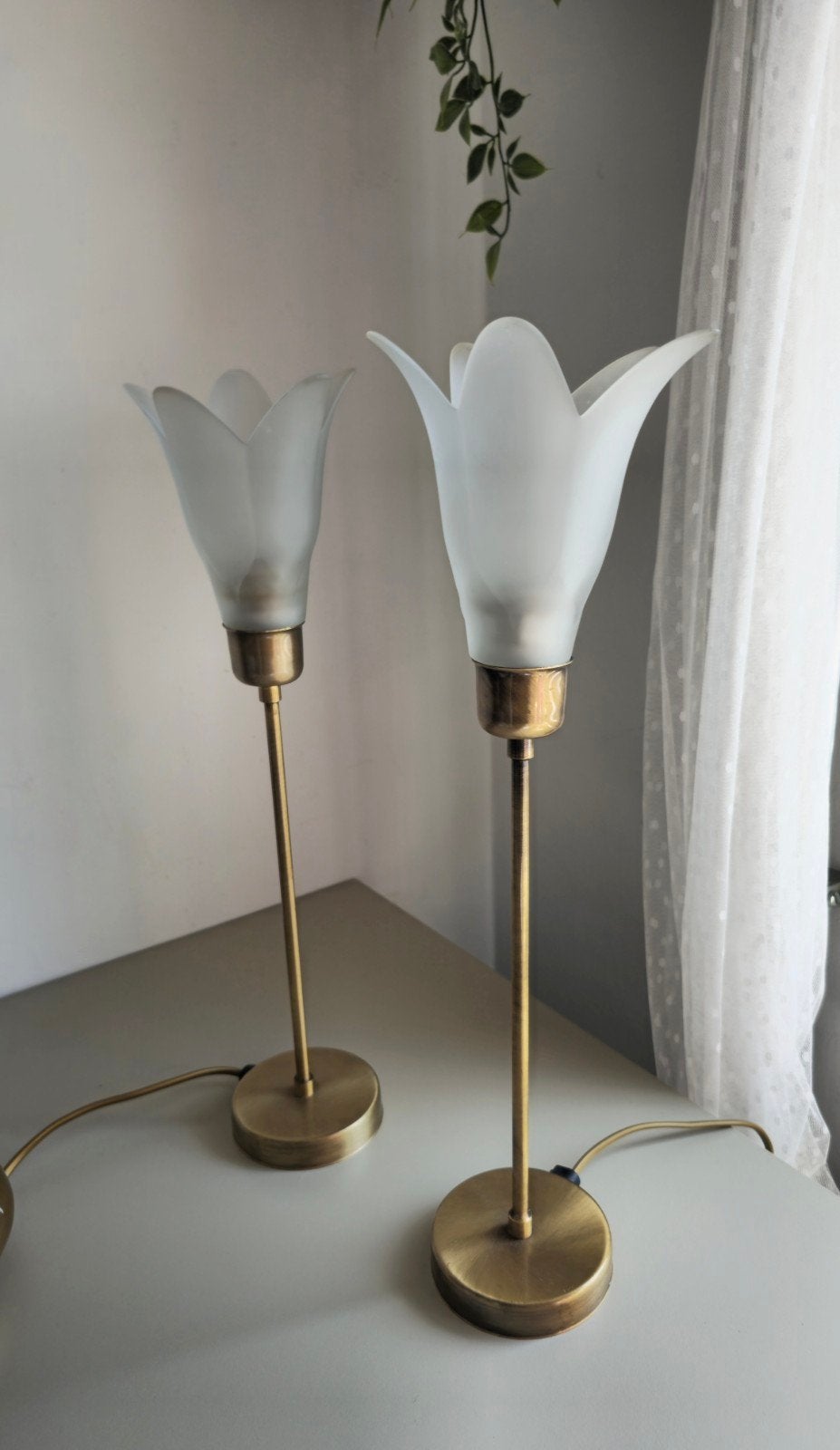 Set van 2 Vintage Tafellampen met Glazen Tulpkap - 45 cm, Gebruikt, Vintage, Ophalen of Verzenden, Met kap
