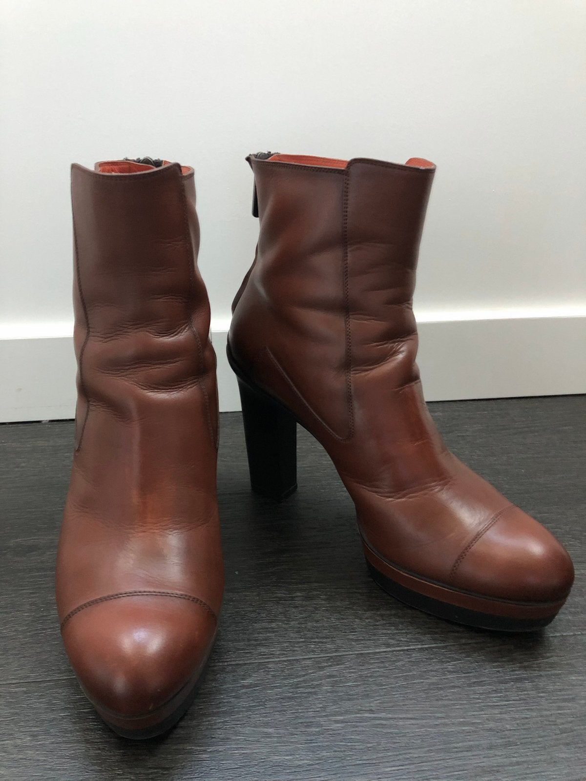 Santoni cognac leren enkellaarsjes maat 37, Bruin, Lage of Enkellaarzen, Ophalen of Verzenden, Gedragen