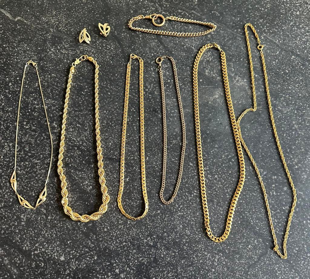 6 double gouden kettingen oorbellen en armbandje, Ophalen of Verzenden, Zo goed als nieuw, Goud, Goud