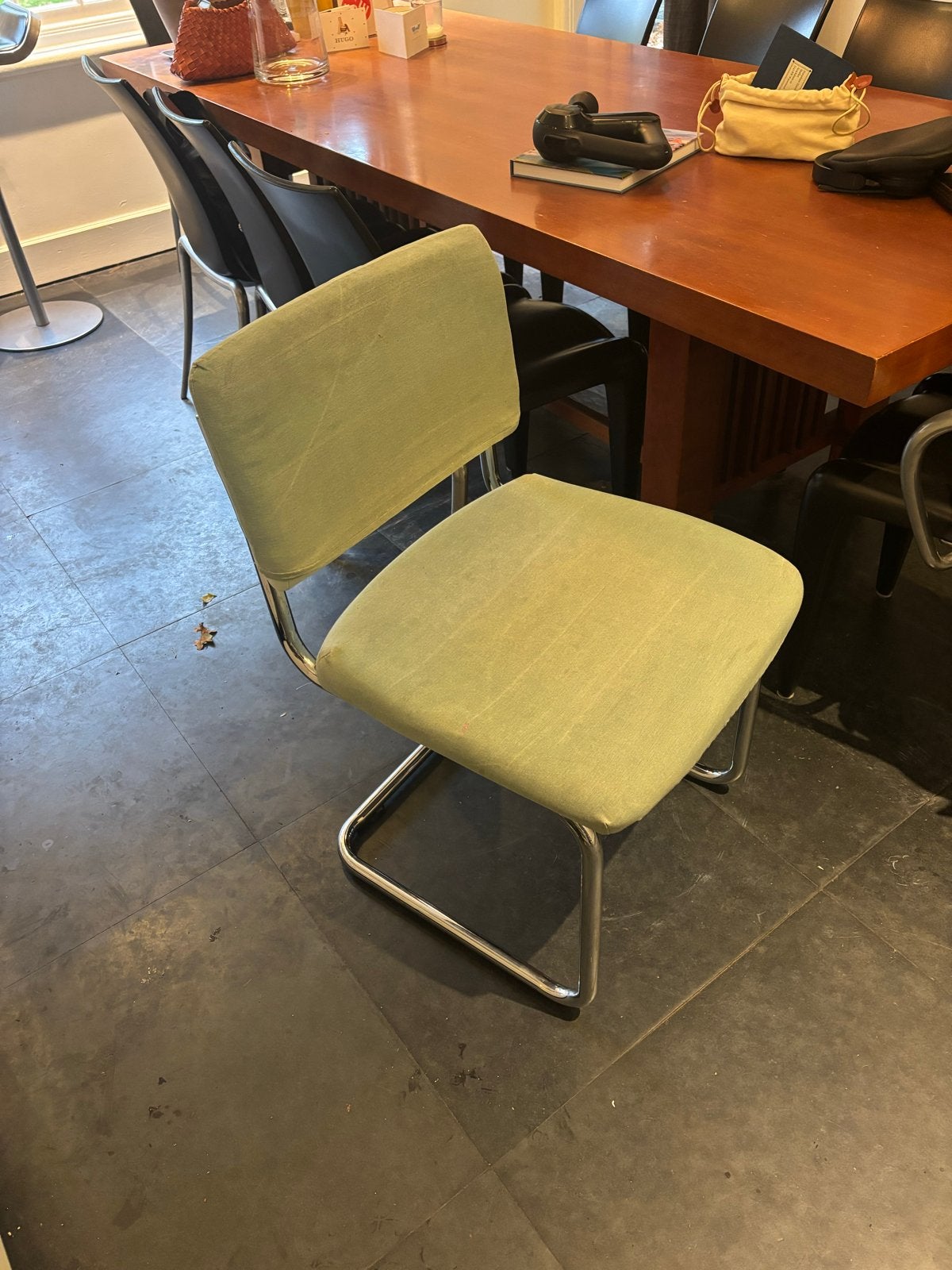 Blauwe stoelen met chromen frame - 6 stuks, Ophalen, Gebruikt, Overige kleuren, Metaal