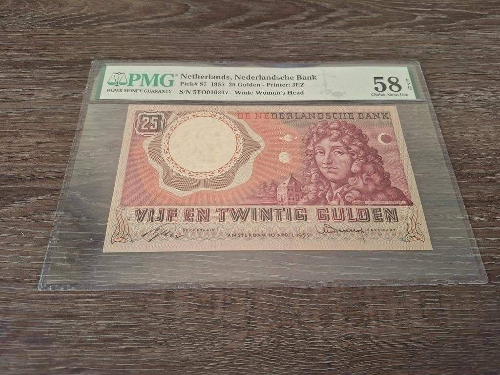 Vrijwel UNC biljet 25 gulden Huygens, 1955 | PMG 58 EPQ, Ophalen of Verzenden, 25 gulden
