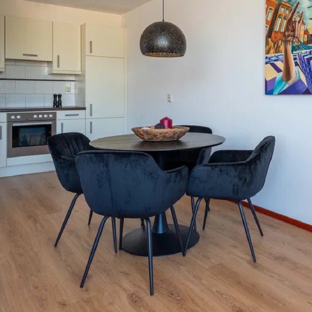 Moderne ronde zwarte eettafel 4 personen, Huis en Inrichting, Tafels | Eettafels, Ophalen, 50 tot 100 cm, Overige materialen, Rond