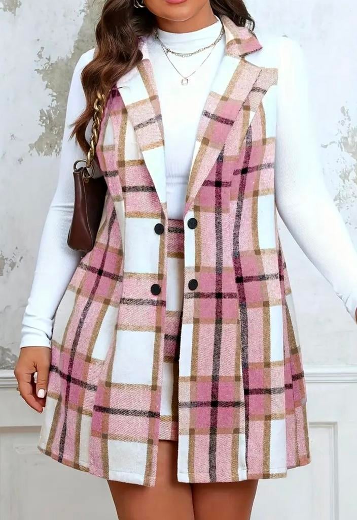 Geruite mouwloze blazer met bijpassende rok, Maat 46/48 (XL) of groter, Nieuw, Ophalen of Verzenden, Onbekend