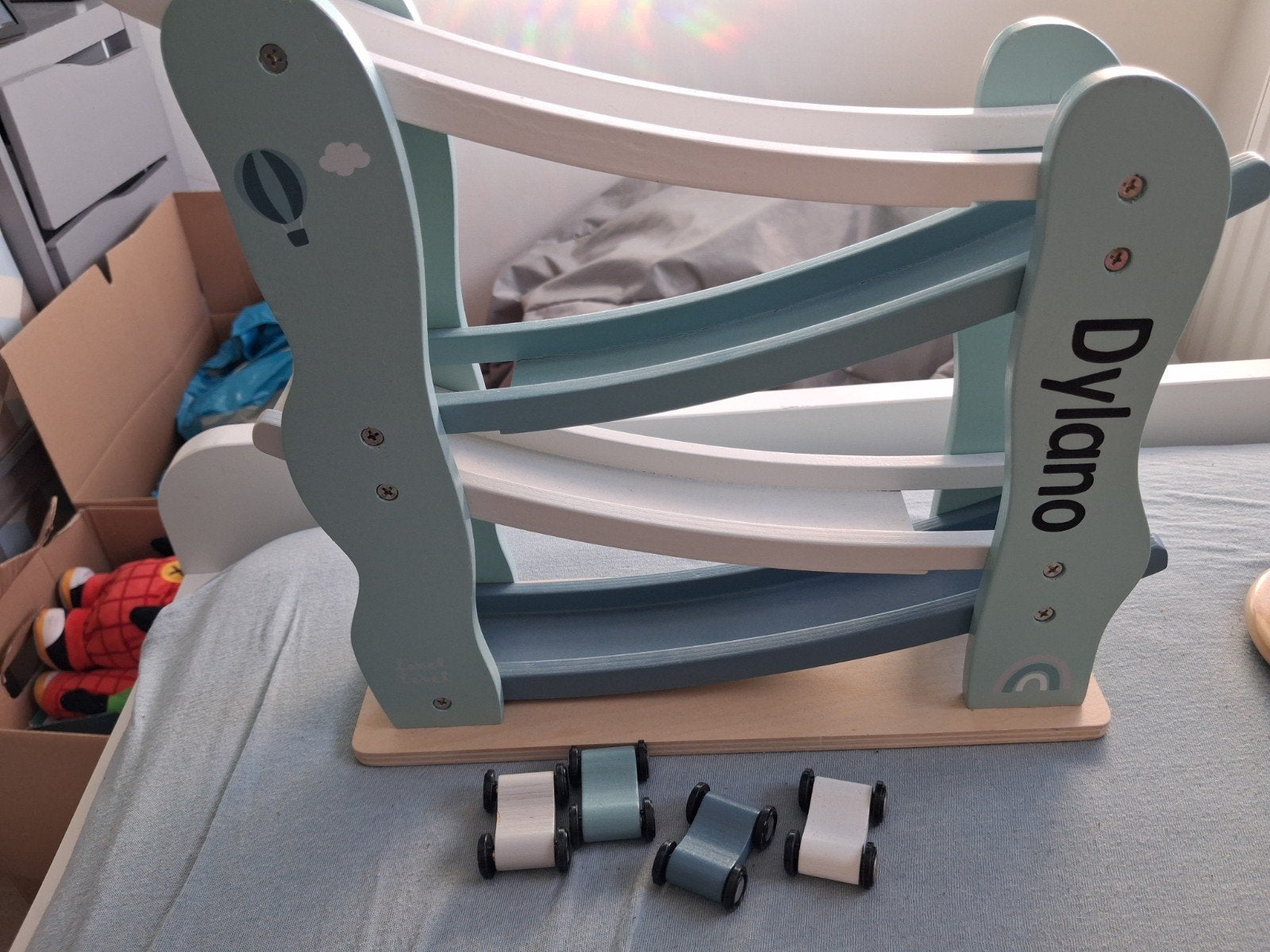 Houten autobaan met 4 auto's, Ophalen, Gebruikt