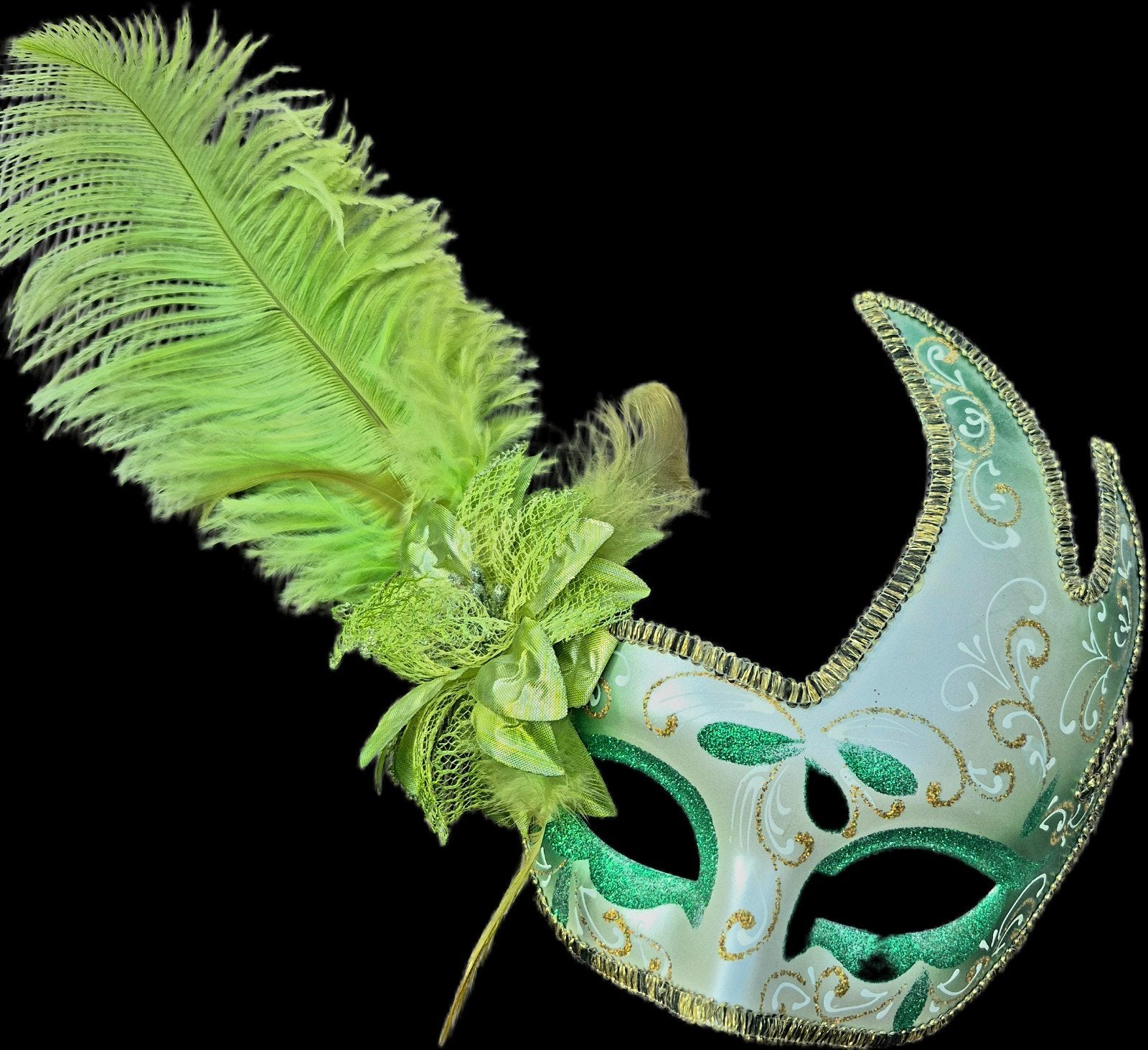 Carnavalsmasker groen met veren en bloem, Ophalen of Verzenden, Zo goed als nieuw, Carnaval, Accessoires