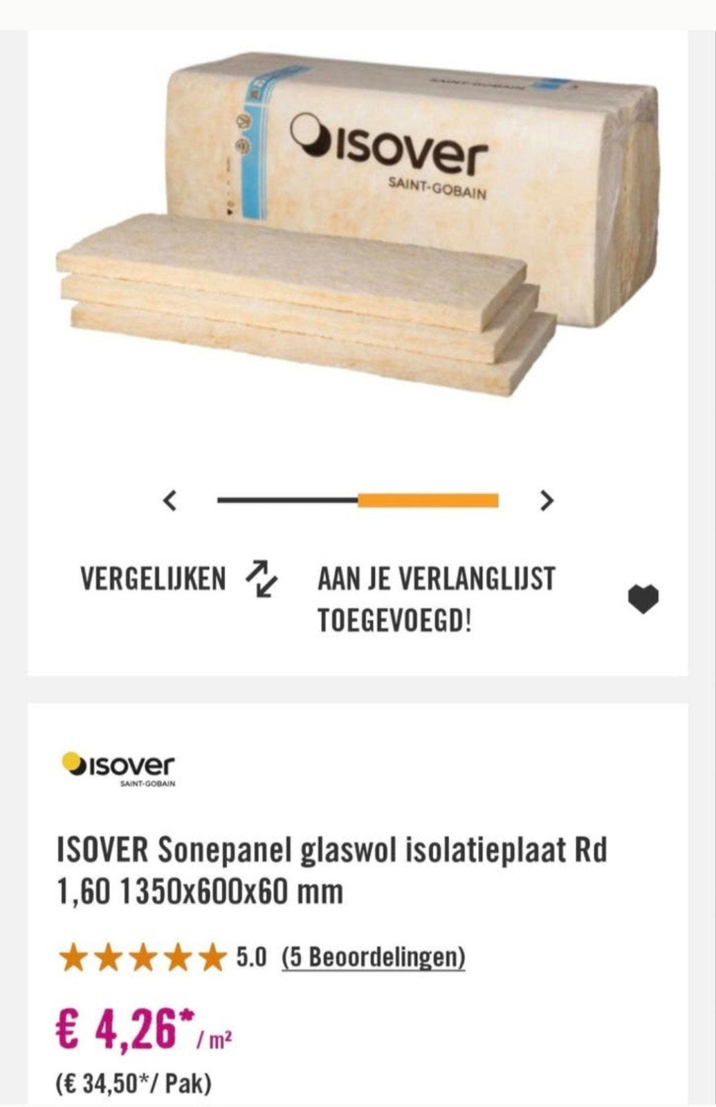ISOVER Sonepanel glaswol isolatieplaat Rd 1,60, 12 cm of meer, Nieuw, Glaswol, Ophalen