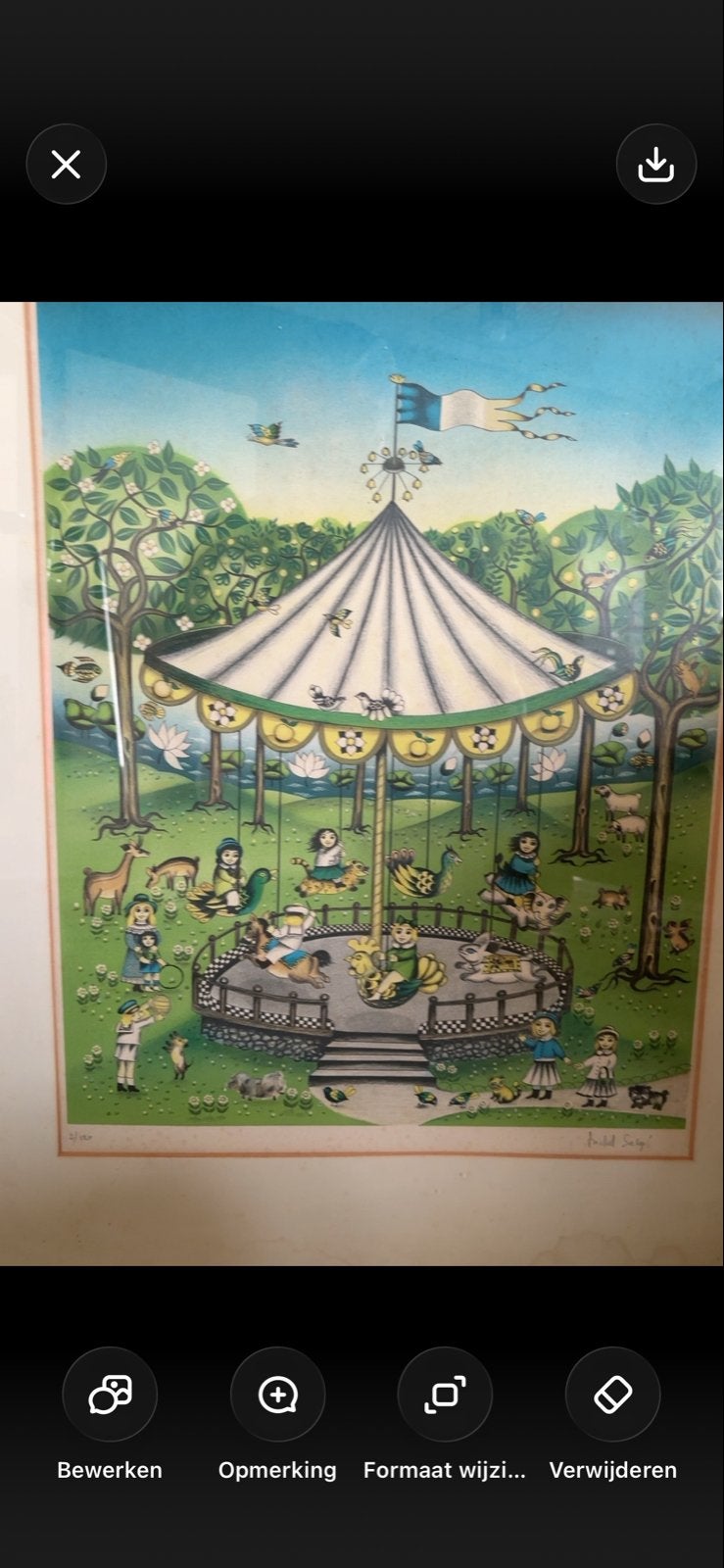 Vrolijke carrousel print, gesigneerd en ingelijst, Realistisch, Ophalen of Verzenden, Gesigneerd, Print