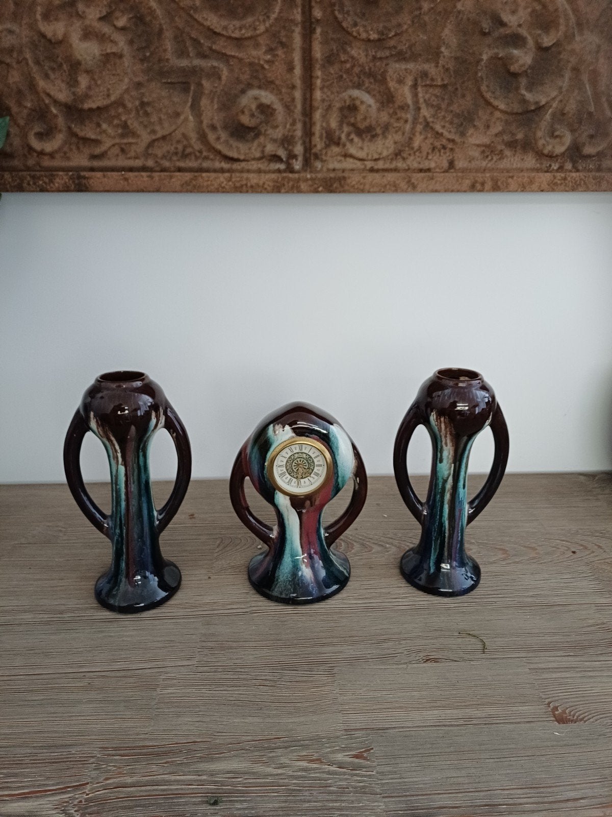 Set van 3 vintage vazen/klokje met druipglazuur, Ophalen of Verzenden
