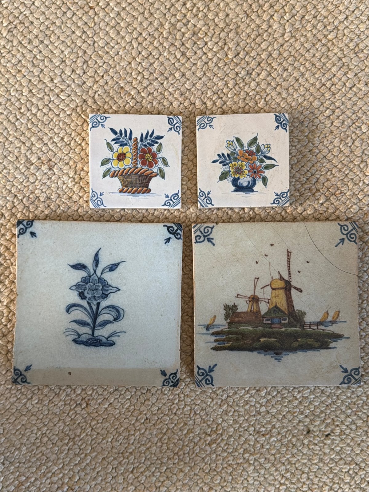 Set van 4 vintage Delfts blauwe tegels, Ophalen of Verzenden
