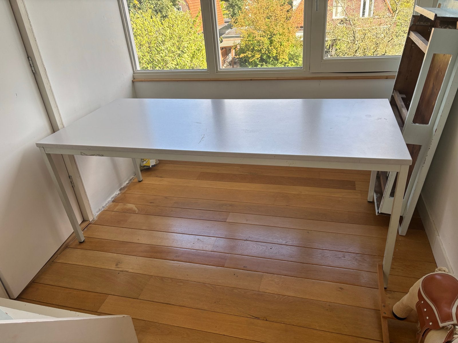 Grijze oersterke tafel (180x80 cm) met stalen frame, Huis en Inrichting, Gebruikt, Vier personen, Rechthoekig, 50 tot 100 cm
