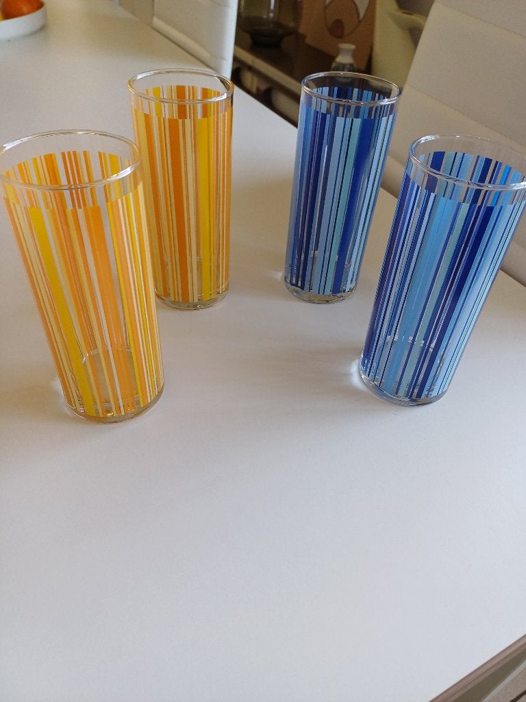Longdrinkglas gestreept blauwe en geel vintage, Huis en Inrichting, Keuken | Servies, Gebruikt, Glas of Glazen, Overige stijlen