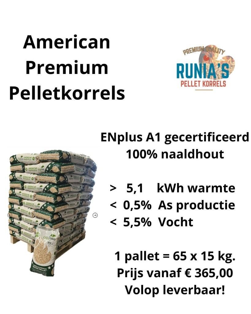 PELLETKORRELS AMERICAN PREMIUM 65 x 15 kg. Naald ENplus A1, Tuin en Terras, Haardhout, Minder dan 3 m³, Ophalen, Blokken