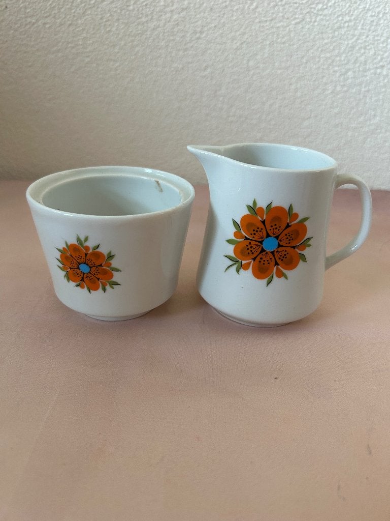 Vintage J Kronester Bavaria roomstel oranje bloem jaren 70, Ophalen of Verzenden