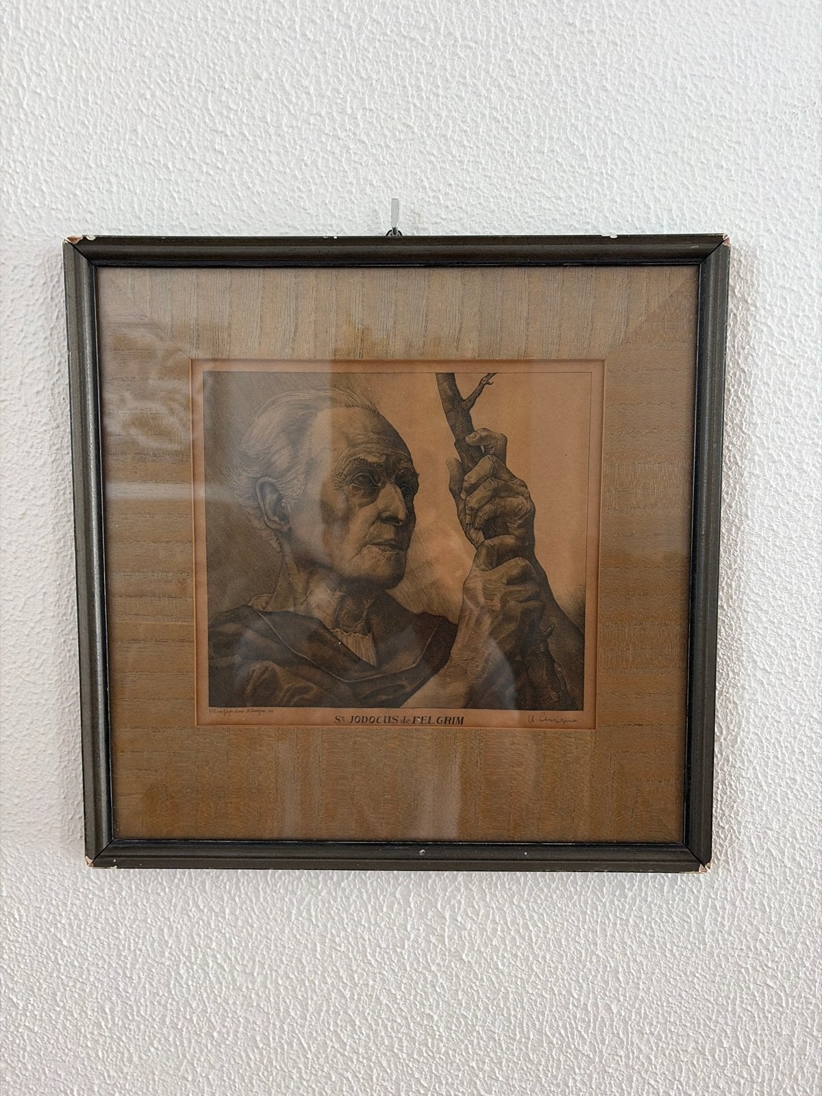 Oude gravure: St. Jodocus de Pelgrim, Antiek en Kunst, Ophalen, Ingelijst, 1800 - 1899, Religie