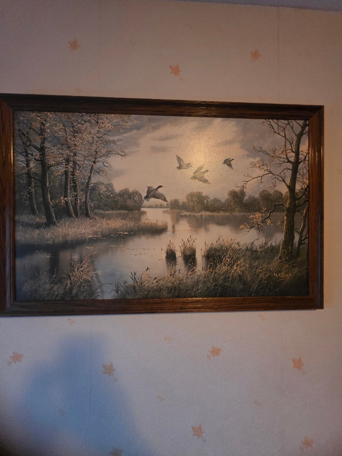 Schilderij van N. Cero: Eenden boven waterlandschap, Doek, Realistisch, Dieren, Olieverf