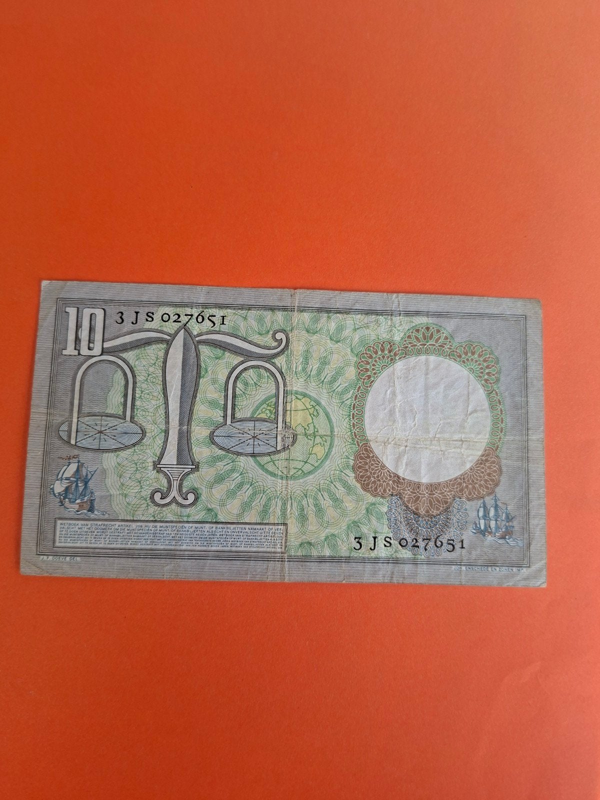 10 gulden Hugo de Groot misdruk uit 1953 in ZF
Achterkant is, Ophalen of Verzenden, 10 gulden, Los biljet