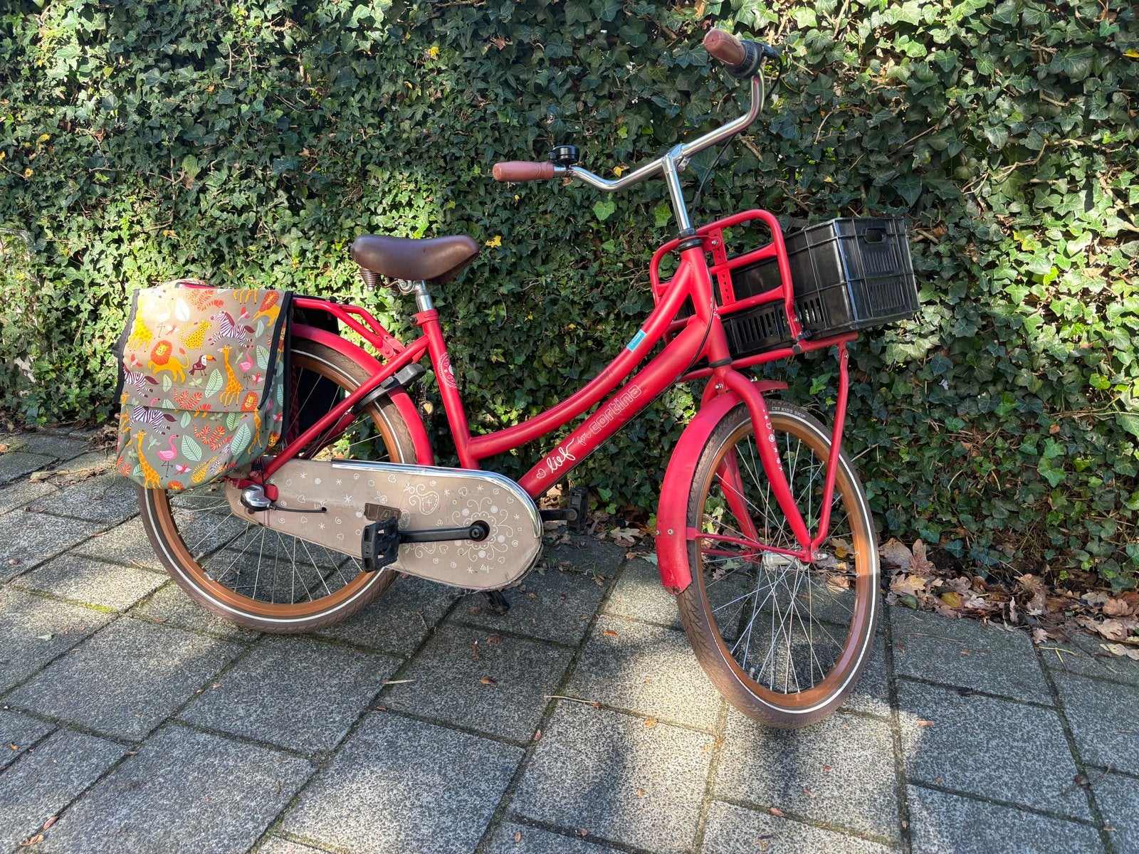 Rode kinderfiets met mand en fietstassen 24 inch, Terugtraprem, (Extra) lage instap, Zo goed als nieuw, 50 tot 53 cm