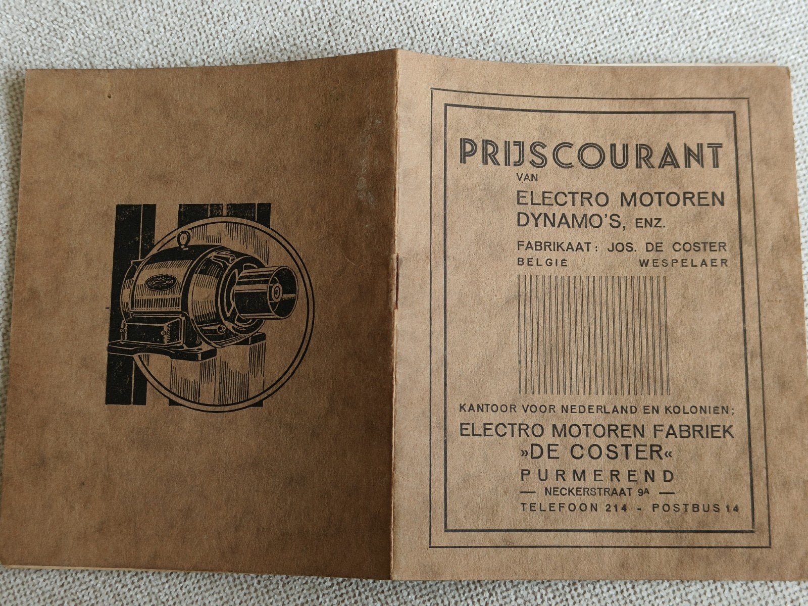 " DE COSTER", PURMEREND, ELECTRO MOTOREN FABRIEK, PRIJSC., Verzenden, Gelezen
