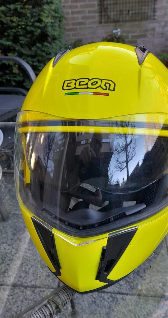 Systeemhelm geel Beon maat L (59-60)., Motoren, Ophalen of Verzenden, Tweedehands, Systeemhelm, Overige merken