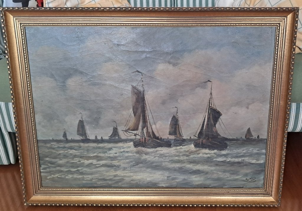 Schilderij zeezicht vissers botters op weg naar de kust, Antiek en Kunst, Kunst | Schilderijen | Klassiek, Ophalen, Maritiem / water