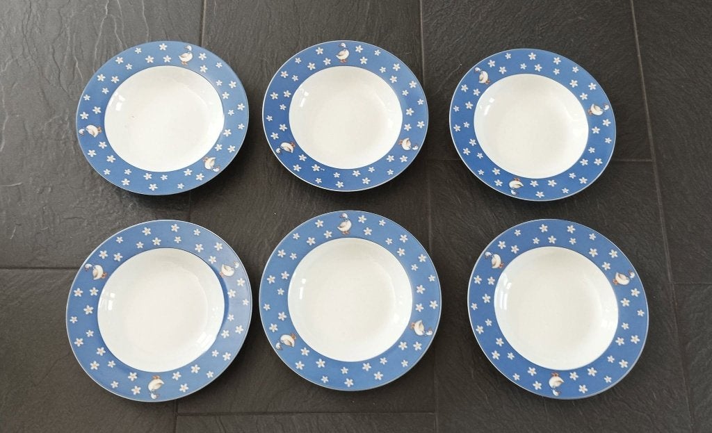 6 Flirt by R&B Daisy diepe borden met eendjes en bloemen, Gebruikt, Ophalen of Verzenden, Bord(en), Overige stijlen