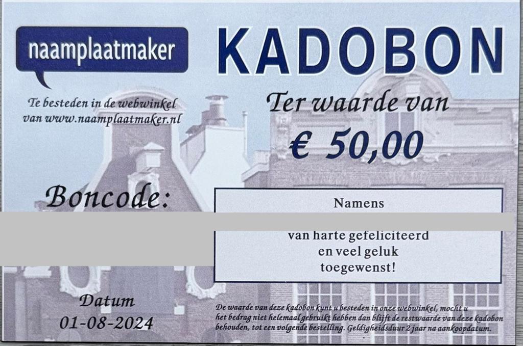 Cadeaubon te koop - naamplaatmaker, Eén persoon, Kortingsbon, Warenhuis- of Winkelbon