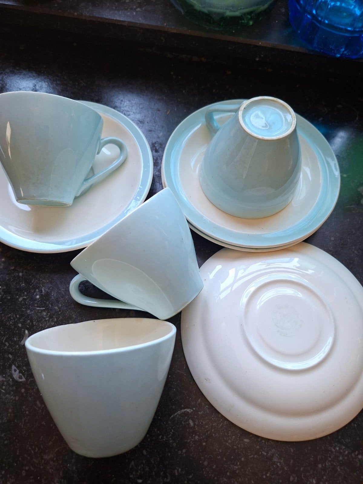 4 pastel blauw kop en schotel regout royal sphinx, Ophalen of Verzenden