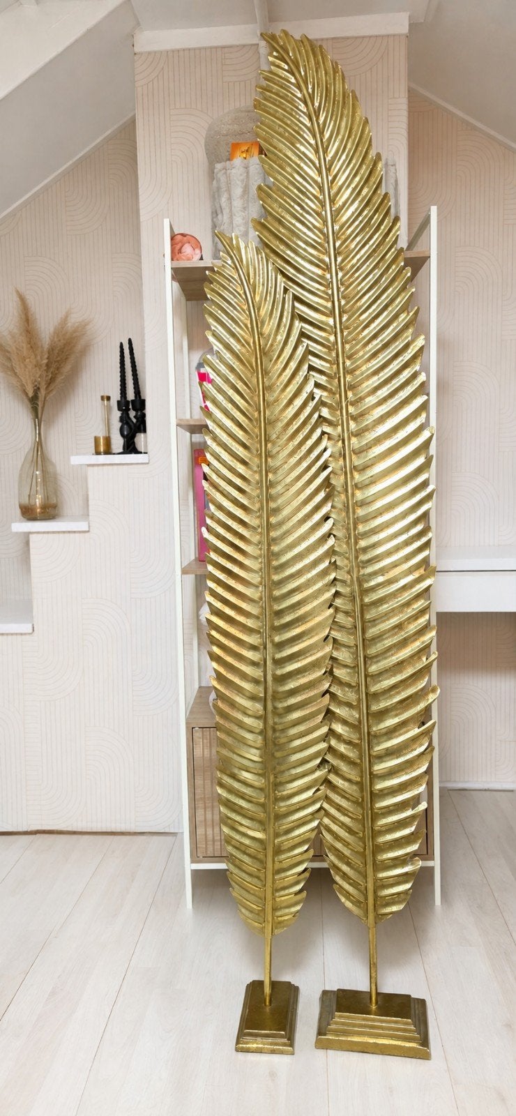 Gouden decoratieve veren op standaard - Set van 2, Huis en Inrichting, Woonaccessoires | Overige, Ophalen, Zo goed als nieuw, Goud
