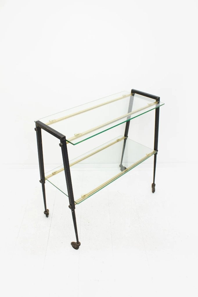 Vintage Franse barcart serveerwagen 70s glas metaal bijzet, Antiek en Kunst, Ophalen