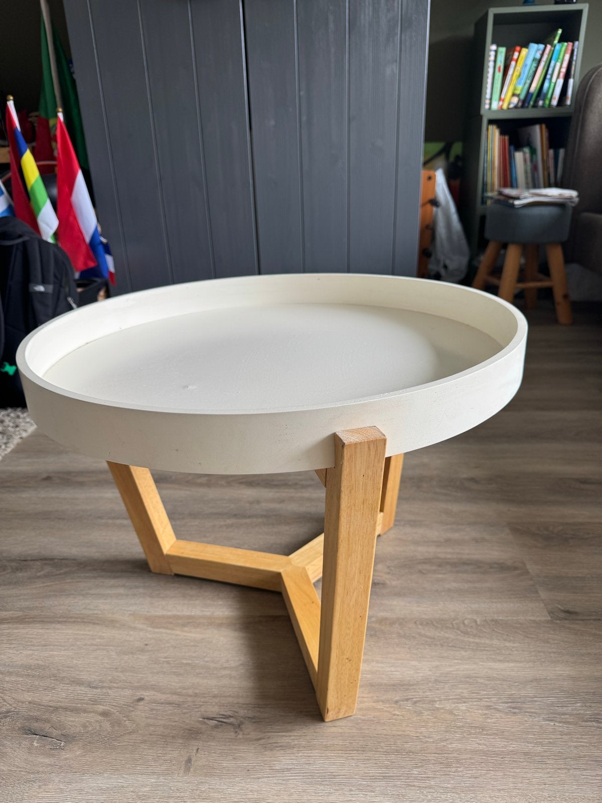 Ronde salontafel met houten onderstel, Huis en Inrichting, Tafels | Salontafels, Ophalen, Gebruikt, Rond, 50 tot 100 cm