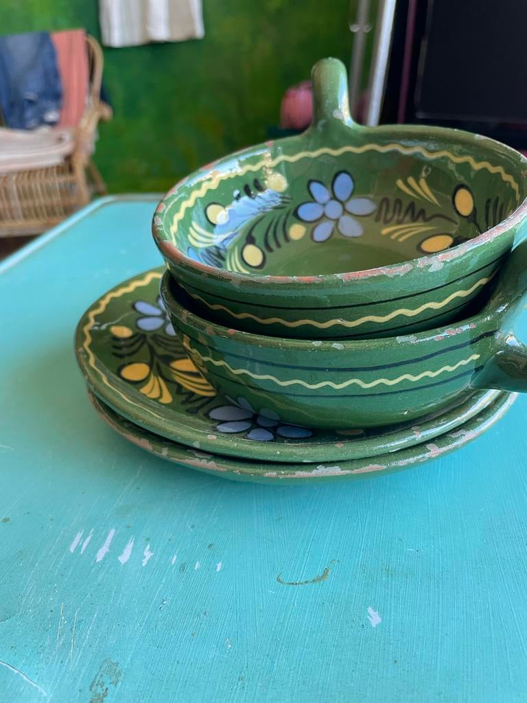 Set van 2 handgeschilderde Mexicaanse soepkommen met schotel, Ophalen of Verzenden