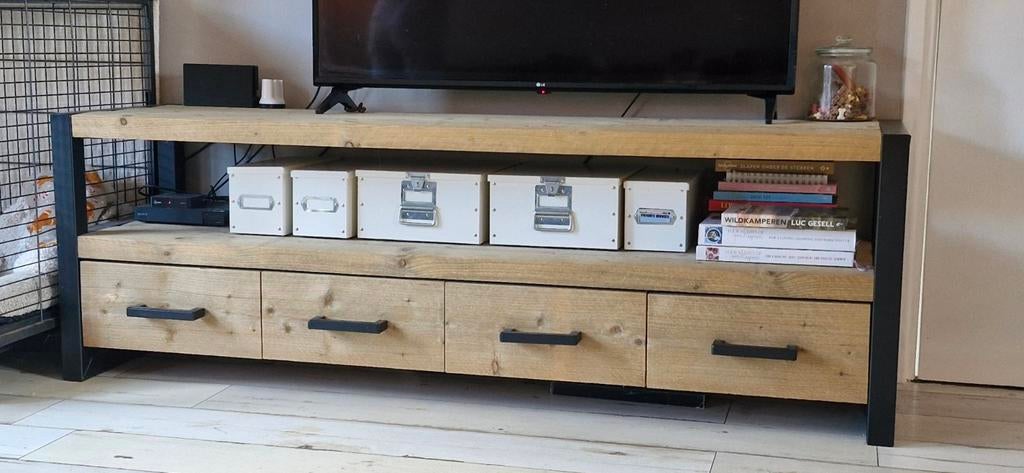 Tv meubel robuust degelijk. Dik stijgerhout/metaal. 1m 80, Ophalen, Zo goed als nieuw, Minder dan 100 cm, Metaal