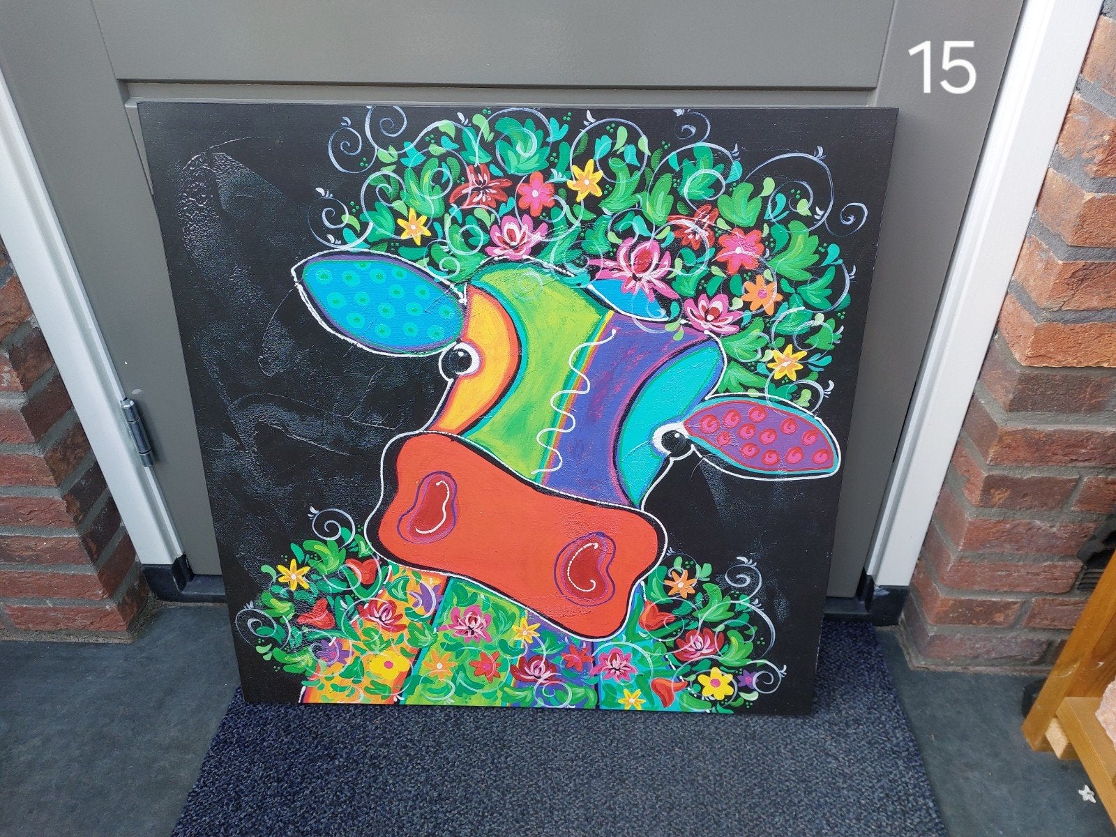Kleurrijk Schilderij: Vrolijke Koe met Bloemen, Ophalen