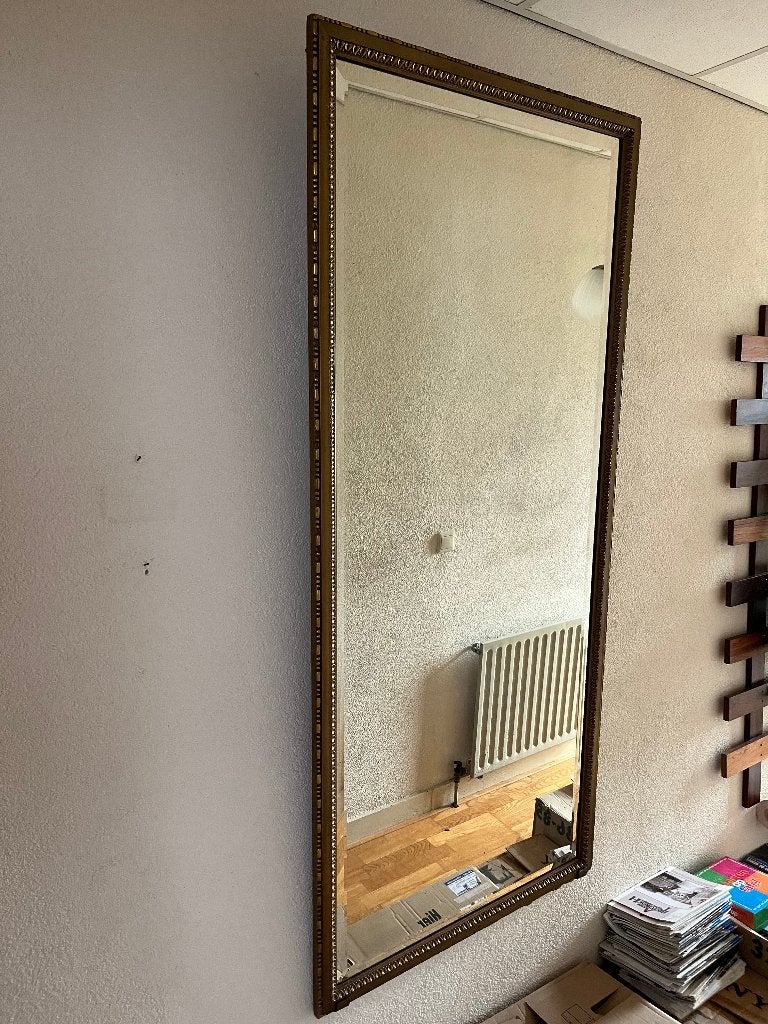 Grote rechthoekige spiegel met gouden lijst, Antiek en Kunst, Ophalen, Rechthoekig, 50 tot 100 cm, 200 cm of meer